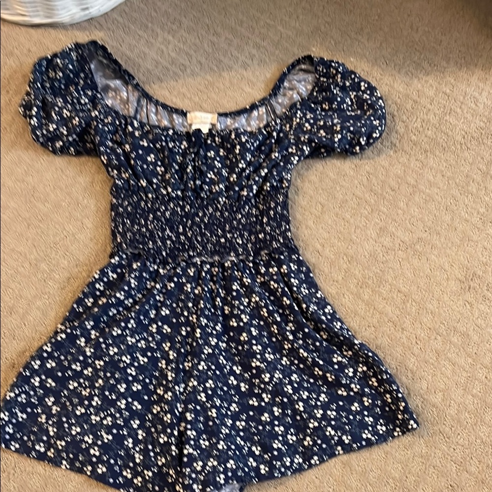 Altar'd State Blue and White Floral Blouse with Puff Sleeves